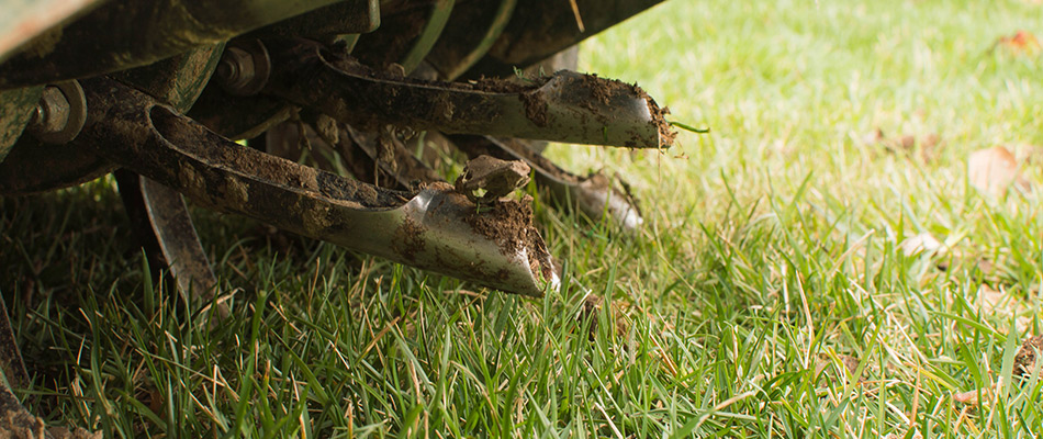 Aerator machine in lawn unplugging cores in Cleveland, OH.