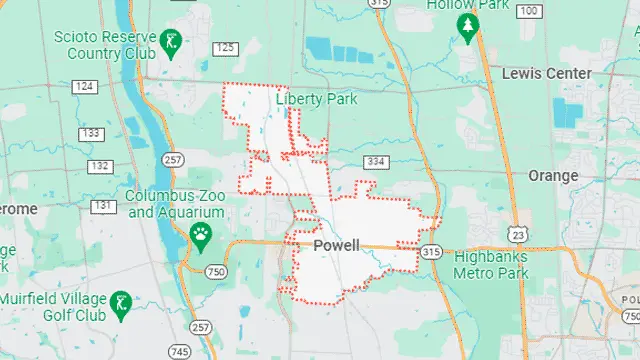 Area map of Powell, Ohio.