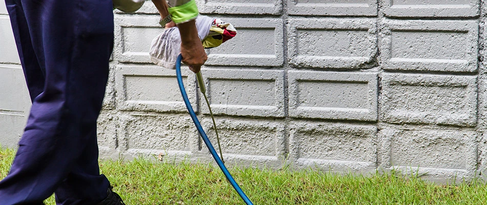 Professional applying pest control treatment to perimeter of a home in Columbus, OH.