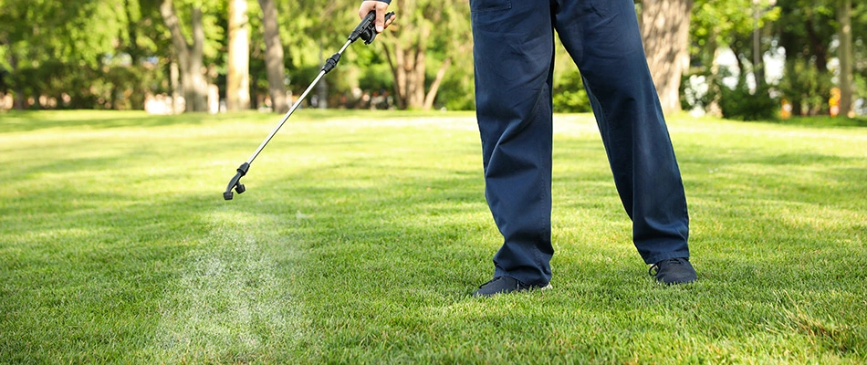 Technician applying pesticide treatment to a lawn in Columbus, OH.